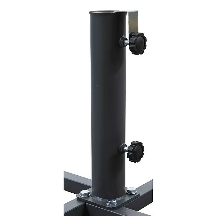 Schneider Plattenständer - Für Rohrdurchmesser: 38 mm - 50 mm, Stahl - Dunkelgraues Metall-Schirmständerunterteil mit Mittelstange, zwei schwarzen Sterngriffschrauben und einer silbernen Metallhalterung.