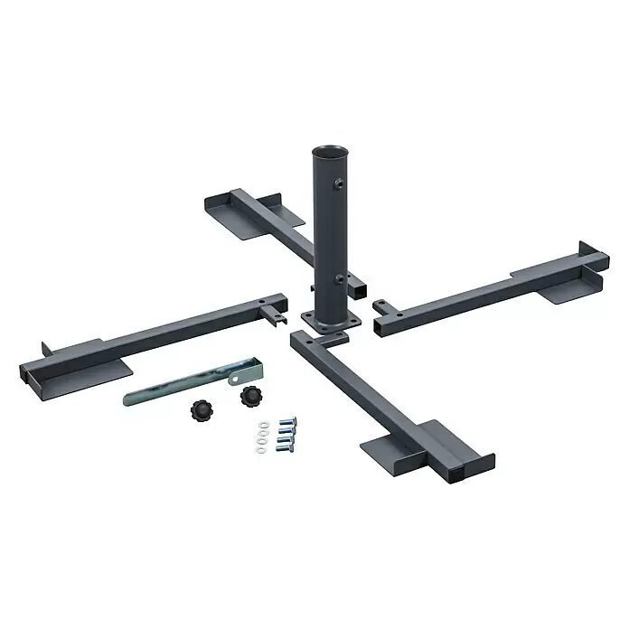 Schneider Plattenständer - Für Rohrdurchmesser: 38 mm - 50 mm, Stahl - Dunkelgraue, zerlegte Metall-Kreuzbasis für Sonnenschirme mit Mittelstange, vier Armen, Schrauben und Knöpfen.