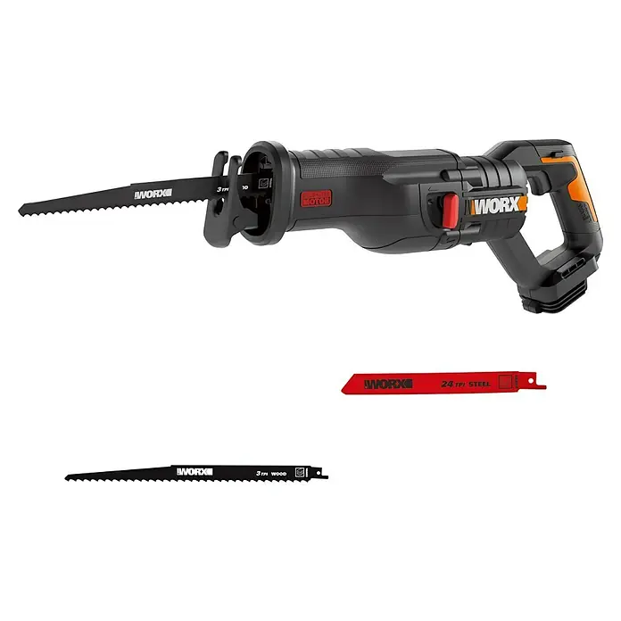 Worx PowerShare 20V Akku-Säbelsäge WX516.9 - 20 V, Ohne Akku, Hublänge: 29 mm - Abgebildet ist eine Worx-Akku-Säbelsäge mit zwei Sägeblättern, eines für Holz und eines für Stahl.