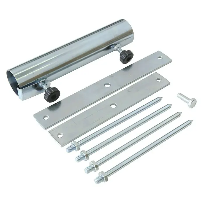 Schneider Rasendorn - Für Rohrdurchmesser: 25 mm - 38 mm - Produktbild eines Zeltstangenhalters mit Erdankern, Schrauben und zwei Metallplatten. Ideal für Camping und Outdoor-Aktivitäten.