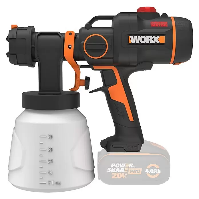 Worx PowerShare 20V Akku-Farbsprühsystem WX020.9 - 20 V, Ohne Akku, 4 Ah - WORX Schwarz-Orange-Farbsprühgerät mit weißem 7-35 fl oz Messbehälter und 'Brushless Motor' am Gehäuse.
