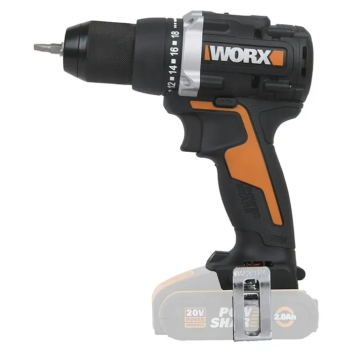 Worx PowerShare 20V Akku-Bohrschrauber WX102.9 - 20 V, Ohne Akku, Li-Ionen, 60 Nm - Nahaufnahme eines Akku-Bohrschraubers der Marke WORX mit einem 20V Power Share Akku. Ideal für Heimwerker- und Bauprojekte.