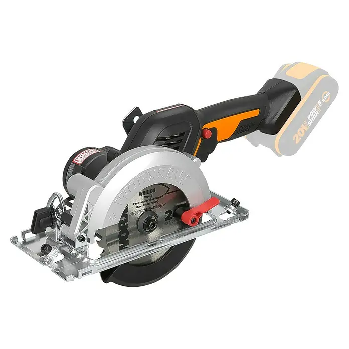 Worx PowerShare 20V Akku-Handkreissäge WX531.9 - 20 V, Ohne Akku, Leerlaufdrehzahl: 6.900 U/min - Nahaufnahme einer WORX WX543 Akku-Handkreissäge, ein praktisches Werkzeug für Holzarbeiten mit einer Leerlaufdrehzahl von 9000 U/min.
