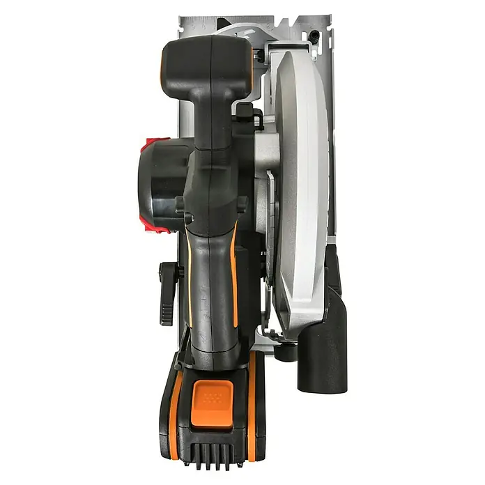 Worx PowerShare 20V Akku-Handkreissäge WX520.9 - 20 V, Ohne Akku, Durchmesser Scheibe: 185 cm - Eine Akku-Kreissäge in Schwarz und Silber, die auf einer ebenen Fläche steht. Sie ist ein Werkzeug für präzise Holzschnitte.