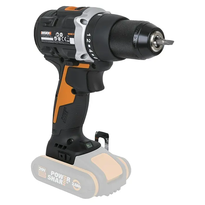 Worx PowerShare 20V Akku-Bohrschrauber WX102.9 - 20 V, Ohne Akku, Li-Ionen, 60 Nm - Abbildung eines Worx Akku-Bohrschraubers mit einer 20V Power Share Batterie, ideal für Heimwerkerprojekte und professionelle Anwendungen.