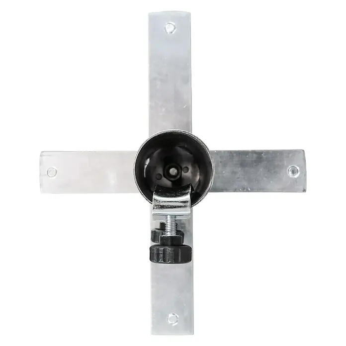 Schneider Rasendorn - Für Rohrdurchmesser: 25 mm - 38 mm - Nahaufnahme einer silbernen Lampenhalterung in Kreuzform mit schwarzem Drehknopf zur Befestigung.