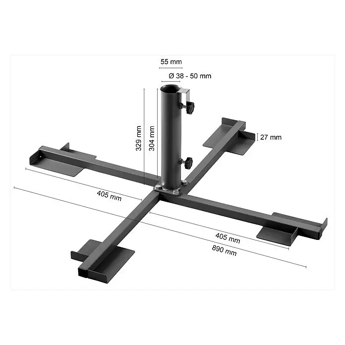 Schneider Plattenständer - Für Rohrdurchmesser: 38 mm - 50 mm, Stahl - Dunkelgrauer Metall-Schirmständerfuß mit vier Kreuzarmen zum Beschweren. Verstellbarer Stockhalter (Ø 38-50 mm).