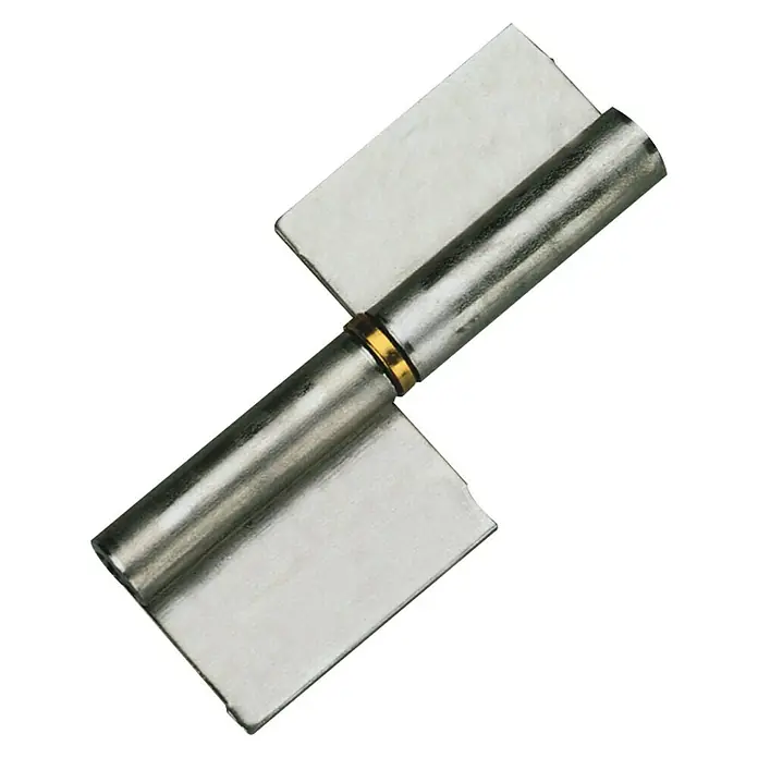 Pernio bisagra 1P - L x An: 80 x 10 mm, Derecha - Primer plano de una bisagra de puerta plateada con un anillo dorado en el centro, sobre un fondo blanco.
