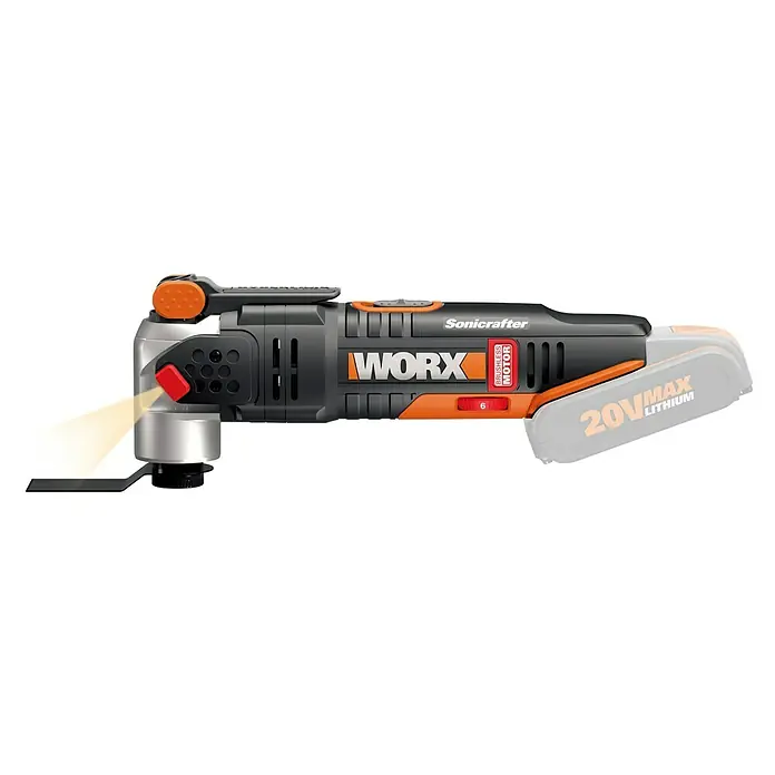 Worx PowerShare 20V Akku-Multifunktionswerkzeug WX693.9 - 20 V, Ohne Akku, Oszillationswinkel: 4 ° - Abbildung des akkubetriebenen oszillierenden Multifunktionswerkzeugs Worx Sonicrafter mit bürstenlosem Motor und LED-Arbeitsleuchte.