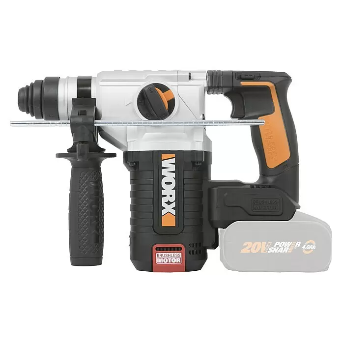 Worx PowerShare 20V Akku-Bohrhammer WX380.9 - 20 V, Ohne Akku, 2,2 J - Silberner, schwarzer und orangefarbener Akku-Bohrhammer mit Zusatzhandgriff, Tiefenanschlag und 20V PowerShare 4.0Ah Akku.