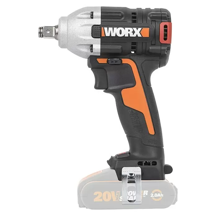 Worx PowerShare 20V Akku-Schlagschrauber WX272.9 - 20 V, Ohne Akku, 2 Ah, 300 Nm - Schwarzer und orangefarbener WORX Schlagschrauber mit silbernem Kopf, Vierkantantrieb und einem 20V 2.0Ah Akku. Ergonomischer Griff und Gürtelclip.