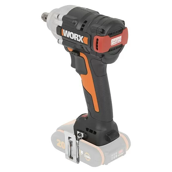 Worx PowerShare 20V Akku-Schlagschrauber WX272.9 - 20 V, Ohne Akku, 2 Ah, 300 Nm - Schwarz-orangefarbener kabelloser WORX Schlagschrauber mit silbernem Kopf und sichtbarem bürstenlosem Motorlabel.
