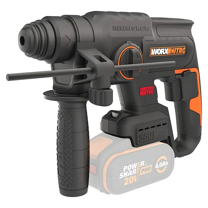 Worx PowerShare 20V Akku-Kombihammer WX381.9 - 20 V, Ohne Akku, Li-Ionen, 2 J - Abbildung eines Hammerforce Worx Nitro Akku-Bohrhammers mit 20V Power Share Pro Akku.