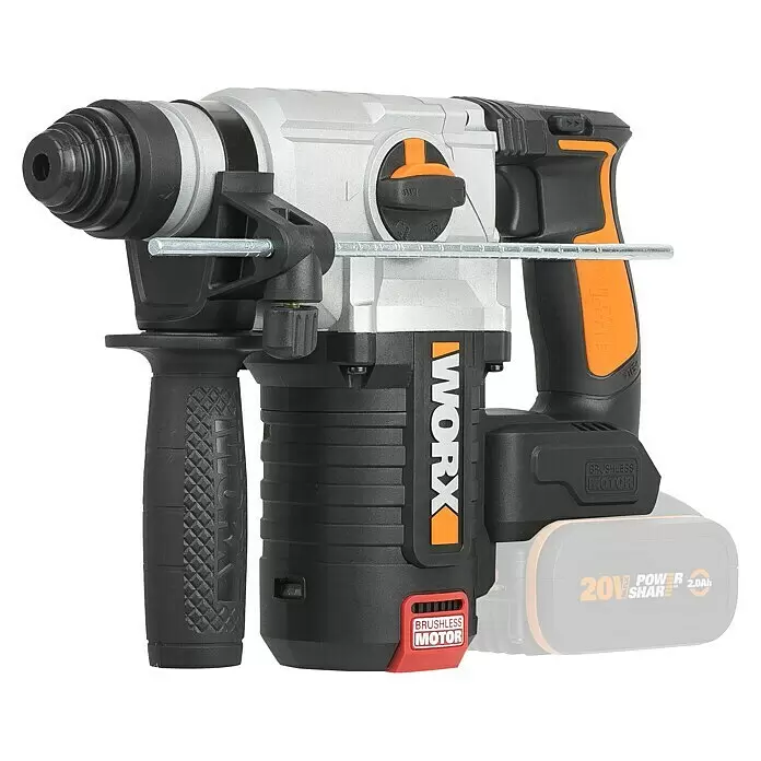 Worx PowerShare 20V Akku-Bohrhammer WX380.9 - 20 V, Ohne Akku, 2,2 J - Akku-Bohrhammer in Silber, Schwarz und Orange mit Zusatzhandgriff und 20V Akku.