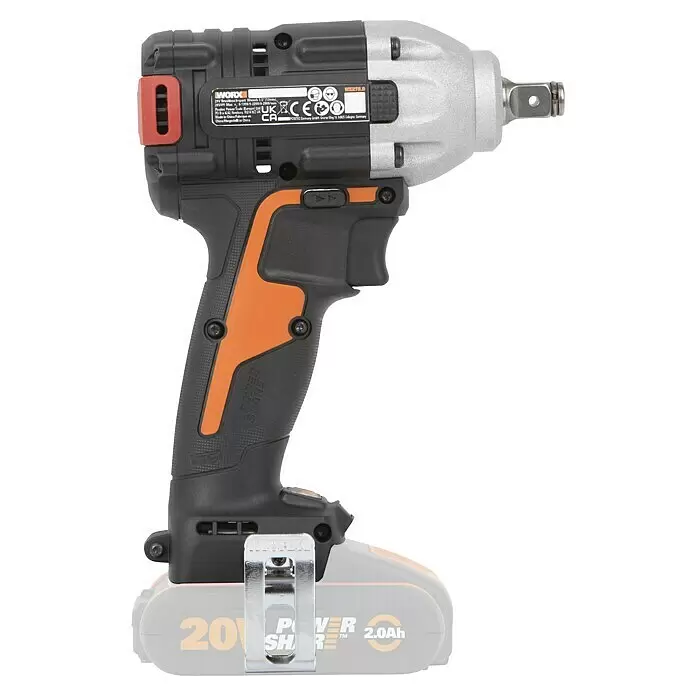 Worx PowerShare 20V Akku-Schlagschrauber WX272.9 - 20 V, Ohne Akku, 2 Ah, 300 Nm - Schwarz-orangefarbener Akku-Schlagschrauber mit silbernem Kopf und ergonomischem Griff, ausgestattet mit einem Vierkantantrieb für Befestigungsarbeiten.