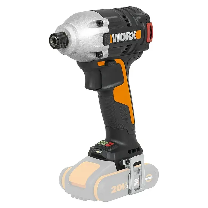 Worx PowerShare 20V Akku-Schlagschrauber WX261.9 - 20 V, Ohne Akku, 2 Ah, 230 Nm - Nahaufnahme eines Worx-Schlagschraubers mit silbernem Kopf, schwarzem Griff und orangefarbenen Akzenten.
