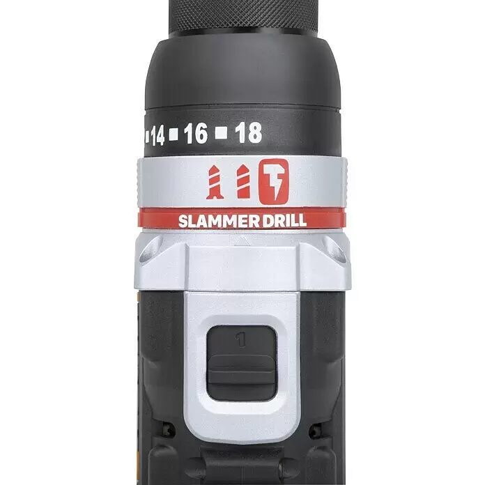 Worx PowerShare 20V Akku-Schlagbohrschrauber SlammerDrill WX354.9 - 20 V, Ohne Akku, Li-Ionen, 2 Ah, 60 Nm - Nahaufnahme eines schwarz-silbernen Bohrers mit roten Akzenten. Zeigt Kupplungseinstellungen, Moduswähler und Gangwahl "1".