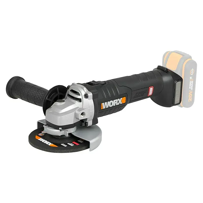Worx PowerShare 20V Akku-Winkelschleifer WX812.9 - 20 V, Ohne Akku, Durchmesser Scheibe: 125 mm - Akkubetriebener Winkelschleifer von Worx mit Zusatzhandgriff und Schleifscheibe vor schwarzem Hintergrund.
