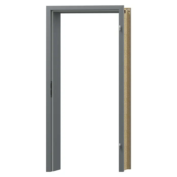 GetaDoor Lamineo Türzarge GLN 747 - 860 x 1.985 mm, Wandstärke: 145 mm, DIN Anschlag: Rechts, Staubgrau - Bild eines Türrahmens in Grau mit einer leichten Struktur und einer Füllung. Er ist modern und minimalistisch gestaltet.