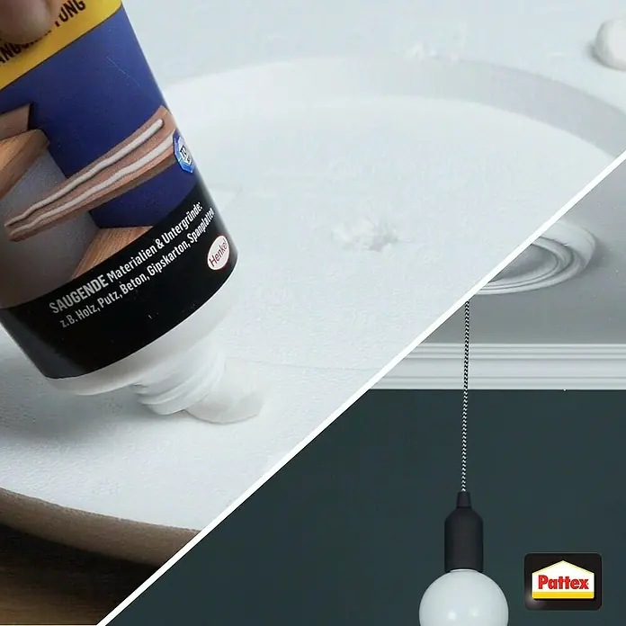 Pattex Montagekleber Power - 250 g, Tube - Ein Tube Henkel Baukleber wird verwendet, um eine Decke zu reparieren. Pattex-Logo im Bild.