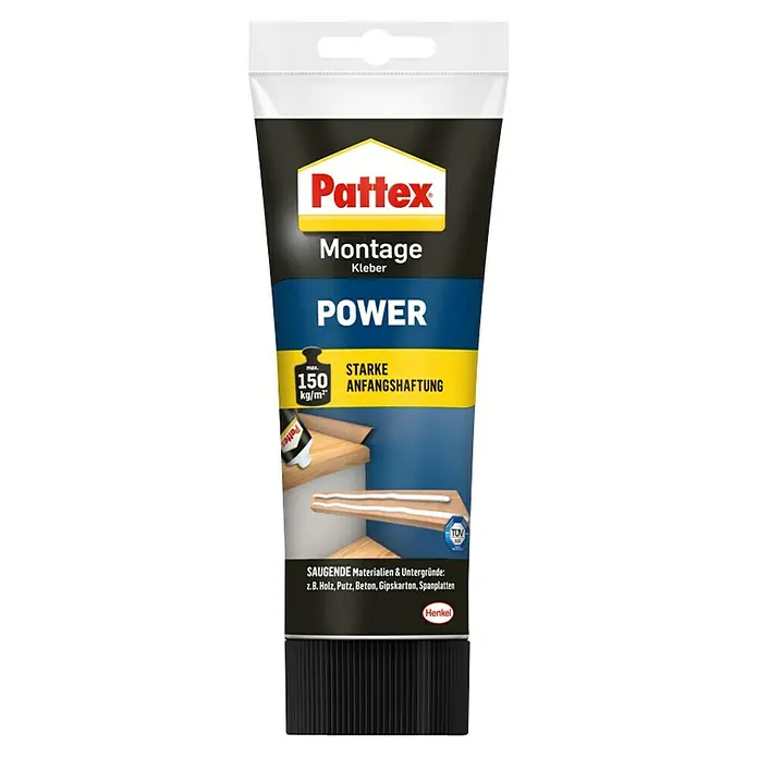 Pattex Montagekleber Power - 250 g, Tube - Pattex Montage Power Kleber Tube: Stark haftender Montagekleber für saugende Materialien wie Holz, Putz und Beton.