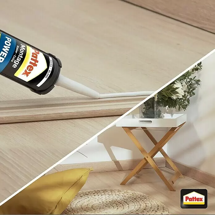Pattex Montagekleber Power - 370 g, Kartusche - Pattex Montage Power Klebstoff, weiß, auf einer Holzleiste für Heimwerkerprojekte aufgetragen.