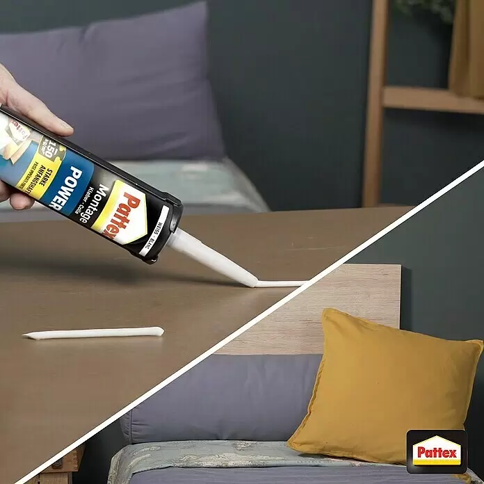 Pattex Montagekleber Power - 370 g, Kartusche - Eine Hand trägt Pattex Montage Power Kleber aus einer Tube auf eine braune Oberfläche auf.