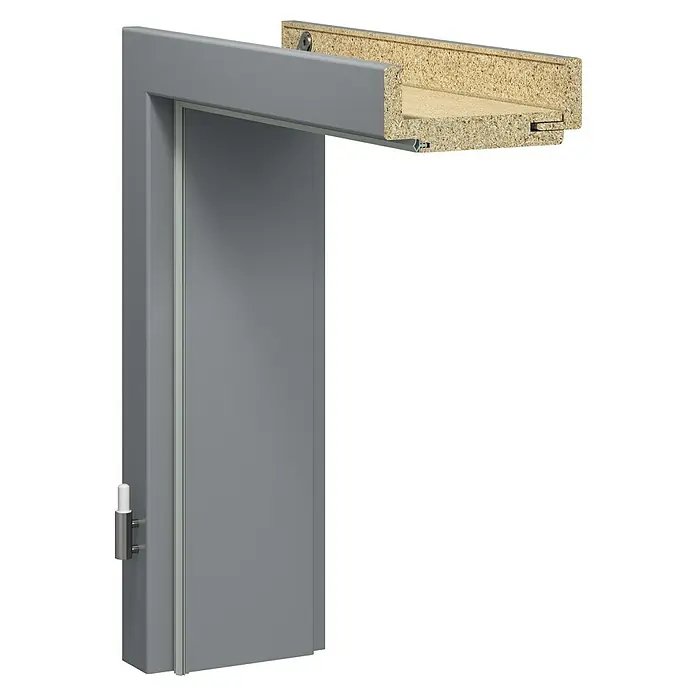 GetaDoor Lamineo Türzarge GLN 747 - 735 x 1.985 mm, Wandstärke: 125 mm, DIN Anschlag: Links, Staubgrau - Nahaufnahme eines grauen Türrahmens, der die robuste Konstruktion und das schlichte Design dieses architektonischen Elements hervorhebt.