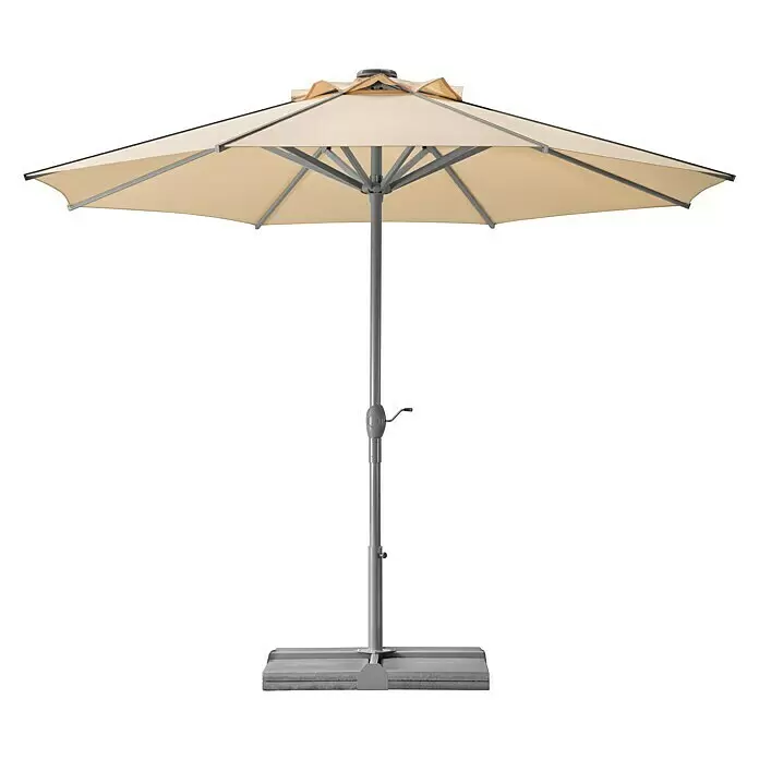 Schneider Classic Marktschirm rund Rooftop - Natur, Durchmesser Bespannung: 350 cm - Ein cremefarbener Sonnenschirm mit grauem Metallmast und einer robusten quadratischen Basis.