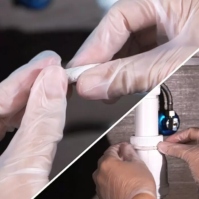 Pattex Kontaktkleber Repair Express - 48 g - Behandschuhte Hände bereiten weiße Dichtmasse vor und bringen sie um ein Rohr an.
