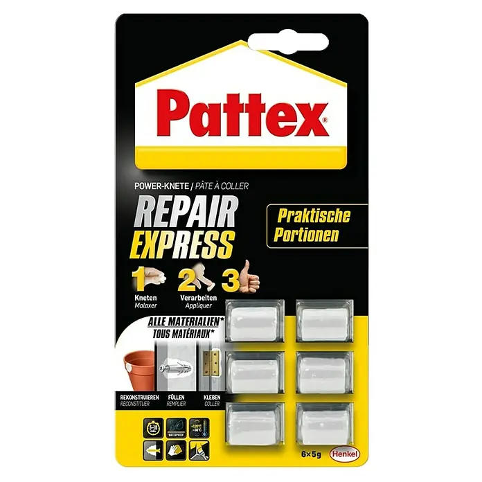 Pattex Kontaktkleber Repair Express - 5 g - Pattex Repair Express Power-Knete: Die praktische 6x5g-Packung zur schnellen Reparatur verschiedener Materialien, wasserfest und temperaturbeständig.