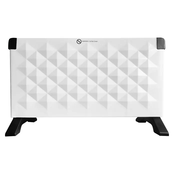 Voltomat HEATING Convector Rombo mini - 2.000 W, Habitaciones de hasta 25 m², Blanco/Negro - Imagen de un calefactor de convección blanco con pies negros y un diseño geométrico.