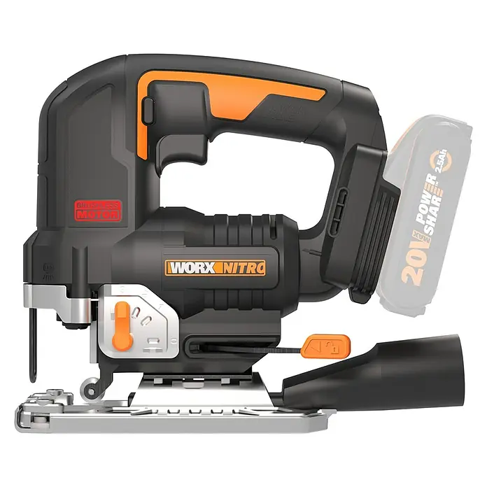 Worx PowerShare 20V Akku-Stichsäge WX542.9 - 20 V, Ohne Akku, Leerlaufhubzahl: 0 /min - 3.500 /min - Bild einer WORX Nitro Akku-Stichsäge mit orangefarbenen Akzenten, die ein präzises und kabelloses Schneiden ermöglicht.