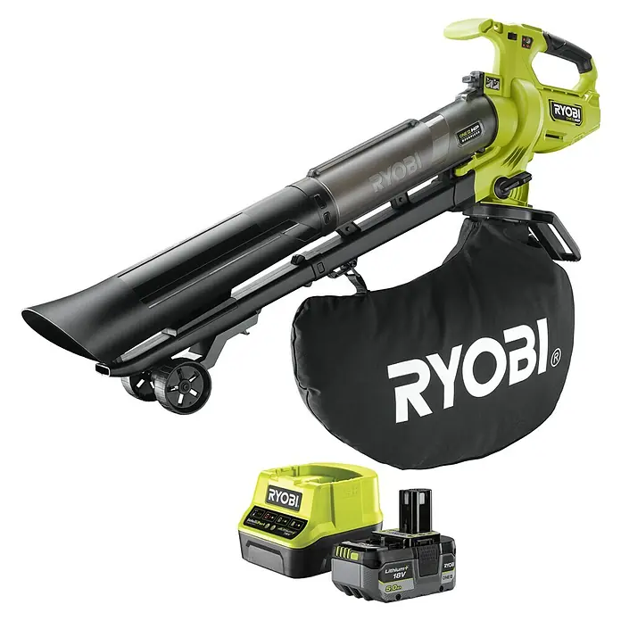 Ryobi ONE+HP Akku-Laubsauger & -Laubbläser RY18BVXA-150 - 1 Akku, 5 Ah, Blasleistung: 1,8 m³/min, Blasgeschwindigkeit: 252 km/h - Abbildung eines RYOBI Akku-Laubsaugers/-bläsers mit Akku und Ladegerät.