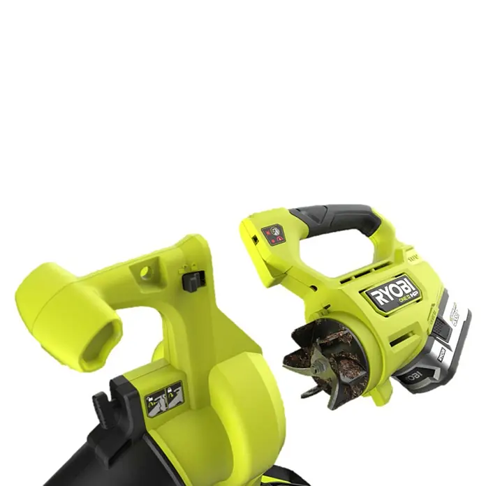 Ryobi ONE+HP Akku-Laubsauger & -Laubbläser RY18BVXA-150 - 1 Akku, 5 Ah, Blasleistung: 1,8 m³/min, Blasgeschwindigkeit: 252 km/h - Das Bild zeigt den RYOBI ONE+ HP Gartenentmooser mit einer rotierenden Bürste für die Rasenpflege.