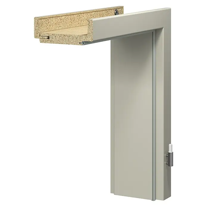 GetaDoor Lamineo Türzarge GLN 440 - 860 x 1.985 mm, Wandstärke: 125 mm, DIN Anschlag: Rechts, Staubgrau - Ansicht eines Türrahmens mit einer geschnittenen Oberseite, die die innere Holzkonstruktion zeigt. Die Tür ist hellgrau und modern.