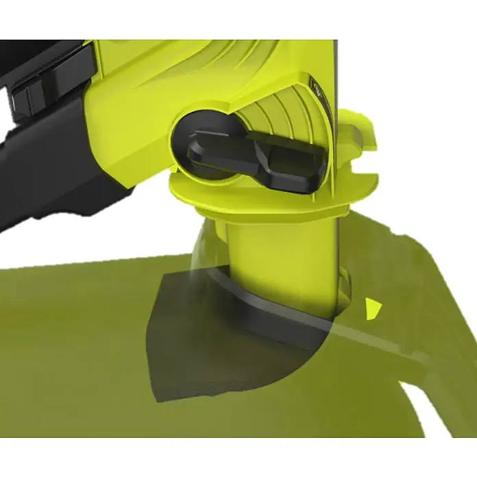 Ryobi ONE+HP Akku-Laubsauger & -Laubbläser RY18BVXA-150 - 1 Akku, 5 Ah, Blasleistung: 1,8 m³/min, Blasgeschwindigkeit: 252 km/h - Detailaufnahme eines Ryobi-Produkts, das ein gelb-schwarzes Design und einen Drehknopf zur Bedienung aufweist. Perfekt für Gartenarbeiten.