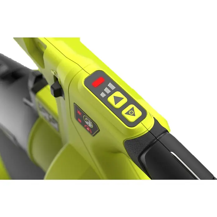Ryobi ONE+HP Akku-Laubsauger & -Laubbläser RY18BVXA-150 - 1 Akku, 5 Ah, Blasleistung: 1,8 m³/min, Blasgeschwindigkeit: 252 km/h - Nahaufnahme eines gelbgrünen Ryobi-Geräts mit Bedienfeld und An/Aus-Schalter. Das Produkt ist ein Gartengerät.