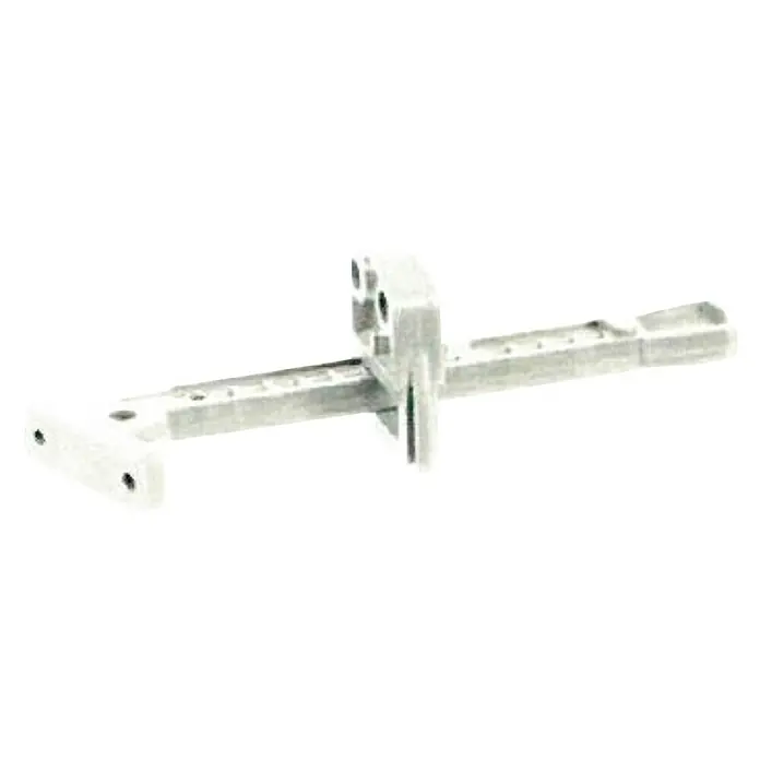 Suki Cierre de seguridad para ventanas - Largo: 155 mm, Plástico, 1 ud. - Soporte de montaje metálico con agujeros y un soporte vertical central, ideal para la instalación precisa de componentes y fijación segura.