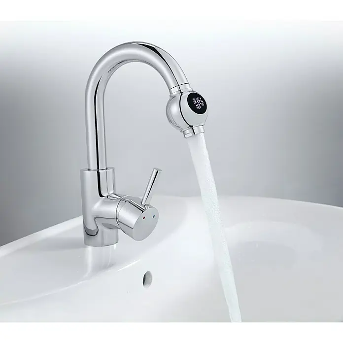Neoperl Wassersparstrahlregler MyFlow - M 22, 1 Stk., 8,3 l/min, Geeignet für: Brausearmaturen - Dieser Chrom-Wasserhahn mit Temperaturanzeige bietet sowohl Stil als auch Funktionalität für jedes moderne Badezimmer oder Küche.