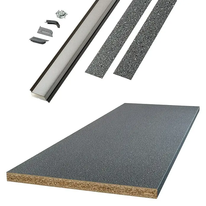Küchenarbeitsplatten-Set3344 Black Granite, 182 x 63,5 x 3,8 cm - Komponenten für einen Küchentisch: Arbeitsplatte, Abdeckleiste, Kantenumleimer, Schrauben und Befestigungselemente.