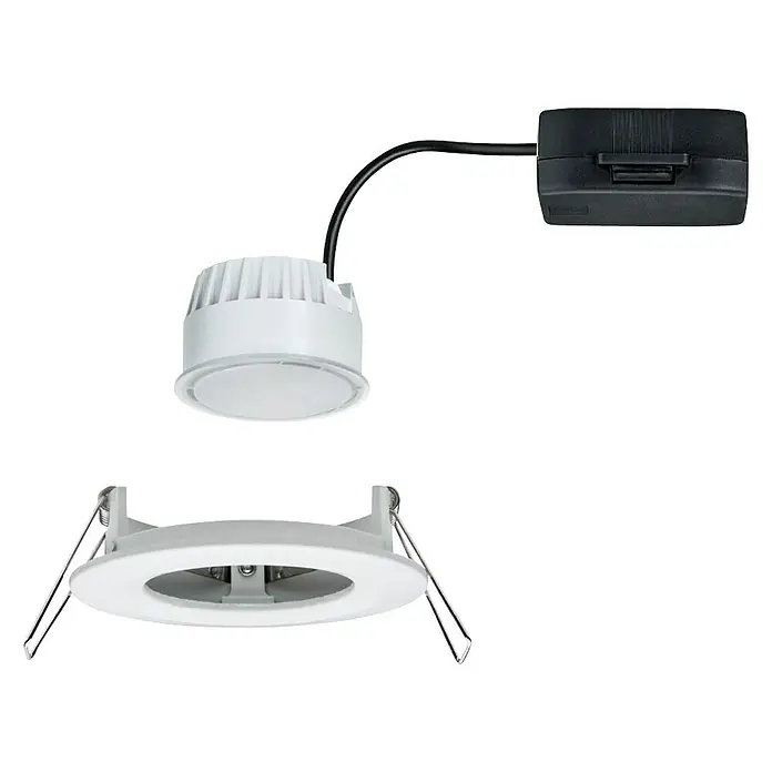 Paulmann LED-Einbauleuchte Nova - 6,5 W, Weiß, Warmweiß - Abbildung einer LED-Einbauleuchte mit weißer Blende, Kühlkörper und schwarzer Anschlussdose, die für eine moderne Beleuchtungslösung sorgt.