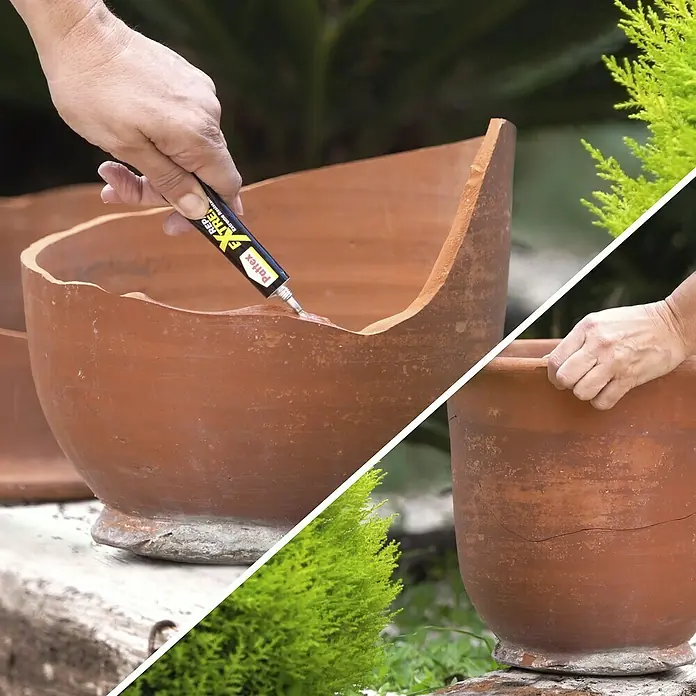 Pattex 100% Repair Spezialkleber - 8 g - Zerbrochener Tontopf wird mit Pattex Kleber repariert, um ihm neues Leben einzuhauchen. Ideal für die Reparatur von Gartenkeramik.