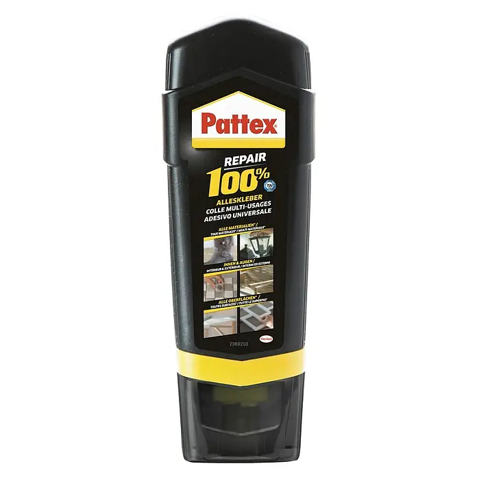 Pattex 100% Repair Alleskleber - 100 g, Flüssig, Lösemittelfrei - Abbildung einer Flasche Pattex Repair 100% Alleskleber, ein vielseitiger Universalklebstoff für verschiedene Materialien und Oberflächen.