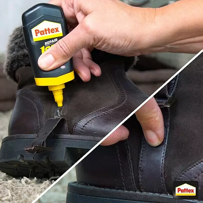 Pattex 100% Repair Alleskleber - 100 g, Flüssig, Lösemittelfrei - Schwarze und gelbe Pattex Repair 100% Klebstoffflasche wird auf gerissenen braunen Stiefelriemen aufgetragen. Rechts: reparierter Stiefel.