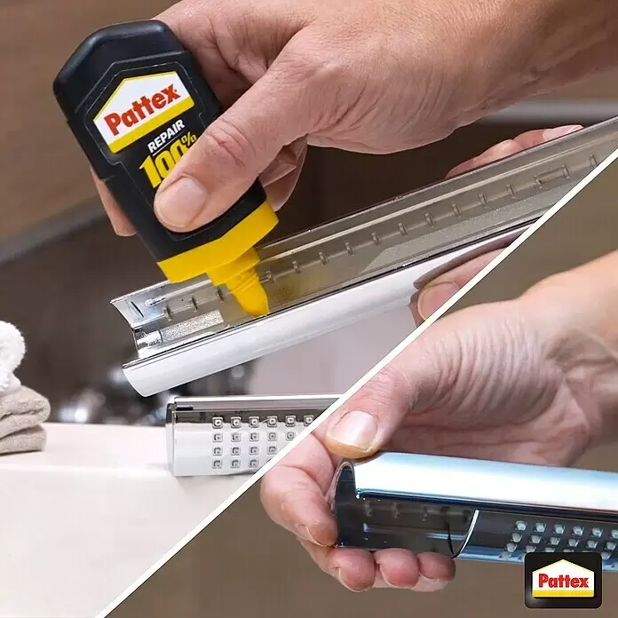 Pattex 100% Repair Alleskleber - 100 g, Flüssig, Lösemittelfrei - Hand trägt Pattex Repair 100% Klebstoff auf ein verchromtes Duschkopfbauteil auf, vor und nach Reparatur.
