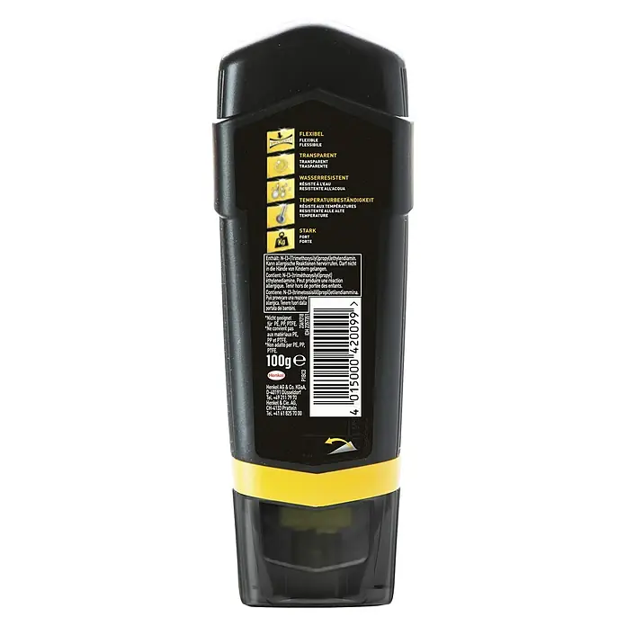 Pattex 100% Repair Alleskleber - 100 g, Flüssig, Lösemittelfrei - Rückseite einer Tube transparenten Allesklebers von Henkel, die die Produkteigenschaften und Sicherheitsinformationen beschreibt.