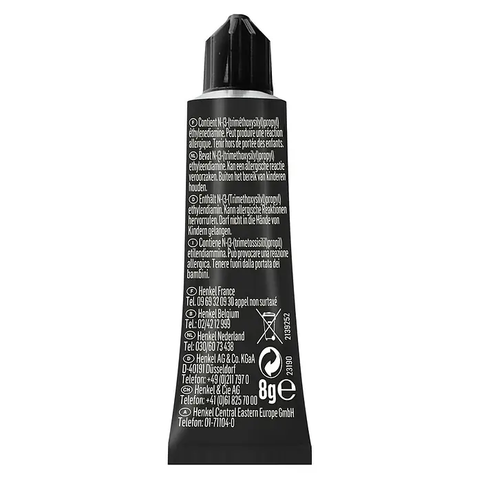 Pattex 100% Repair Spezialkleber - 8 g - Kleiner schwarzer Tubenbehälter mit Produktinformationen und Recyclinghinweisen, ideal für unterwegs und den täglichen Gebrauch.