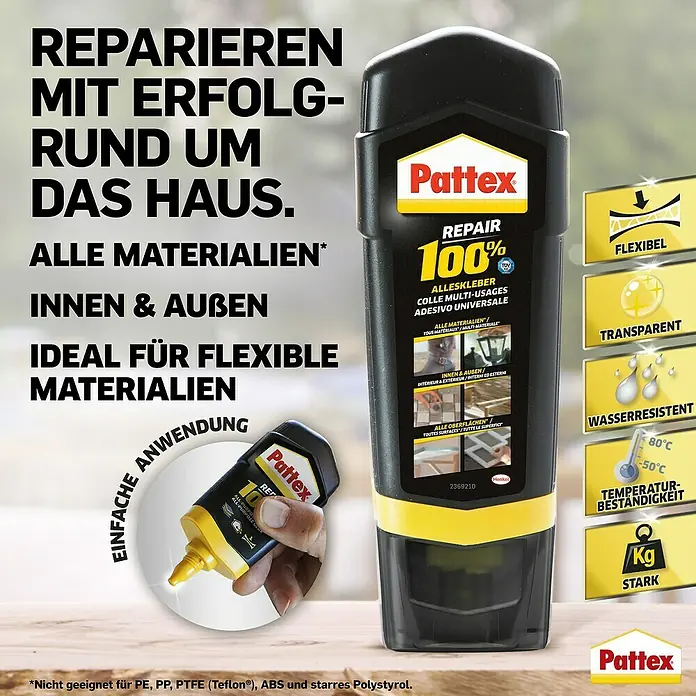 Pattex 100% Repair Alleskleber - 100 g, Flüssig, Lösemittelfrei - Produktbild von Pattex Repair 100% Alleskleber, einem vielseitigen Klebstoff für Reparaturen im Innen- und Außenbereich.