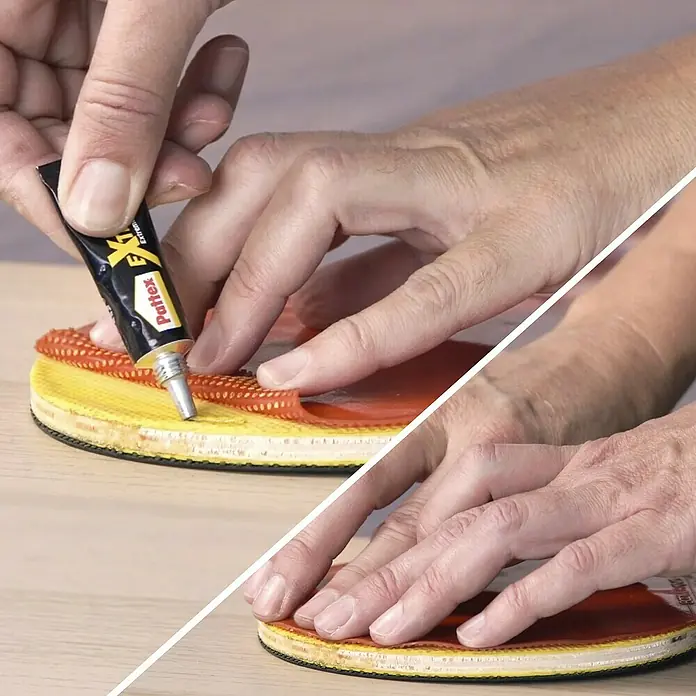 Pattex 100% Repair Spezialkleber - 8 g - Auftragen von Pattex-Kleber auf einen Tischtennisschläger. Der Kleber wird verwendet, um das Gummi wieder zu befestigen.